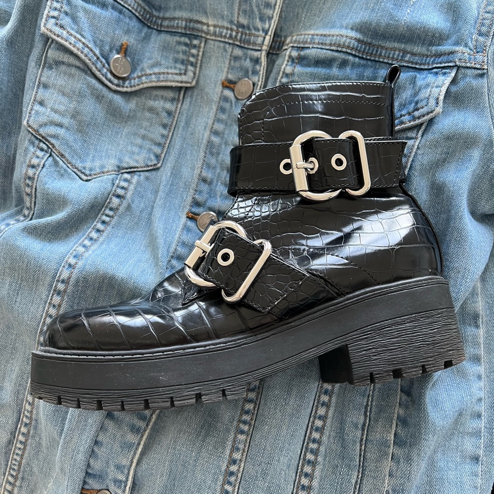 Aldo Black Crocodile Combat Boot with Buckles